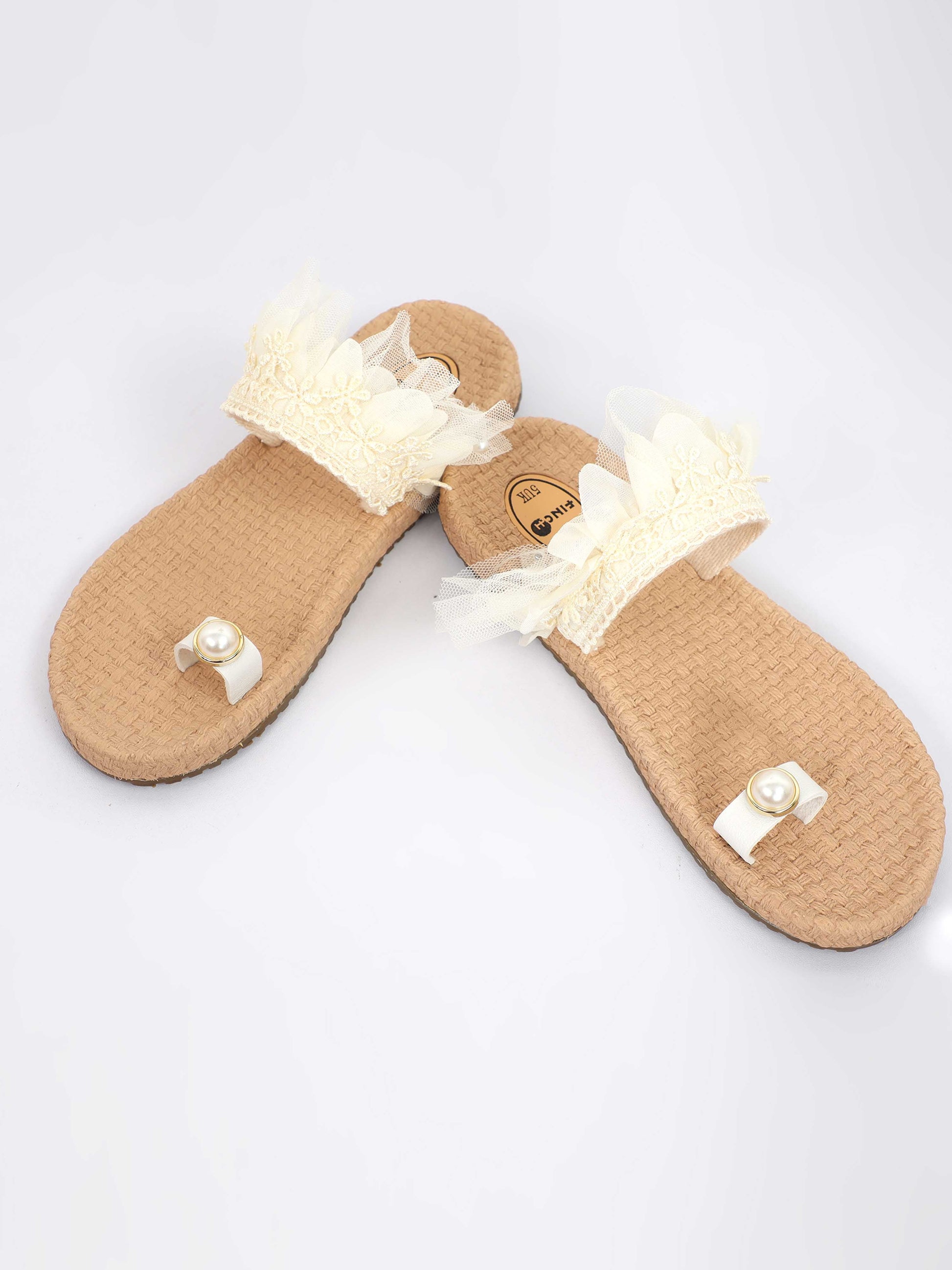 White Pearl and lace Design Footwear For Women 